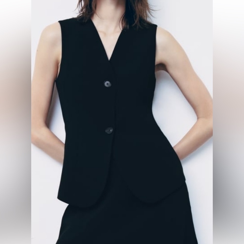 Zara Black Fitted Button Vest Blouse Sleeveless Top Size M
